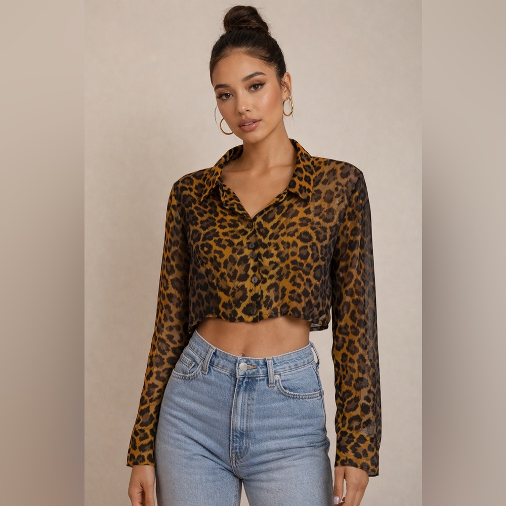 Urban Outfitters Leopard Print Sheer Cropped Button-Up Blouse Size S